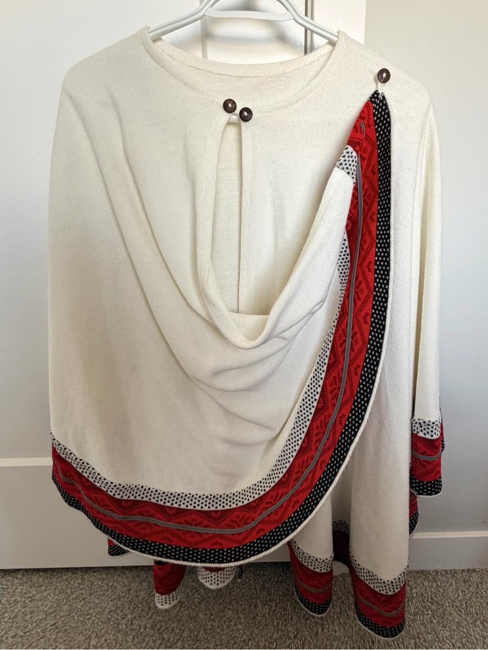 Ecuadorian Artisan White Knit Poncho with Red Geometric Trim